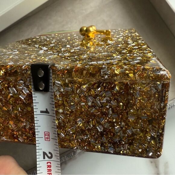 EDIE PARKER ACRYLIC CLUTCH – GOLD CONFETTI & RAINBOW STRIPE | HANDMADE | RARE - Picture 8 of 17